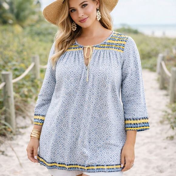 J. McLaughlin Embroidered Paget Tunic Top – Blue & Yellow – Size M - Picture 3 of 7